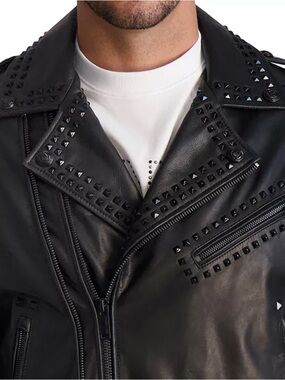 New Karl Lagerfeld Black Studded Leather Biker Jacket - Men